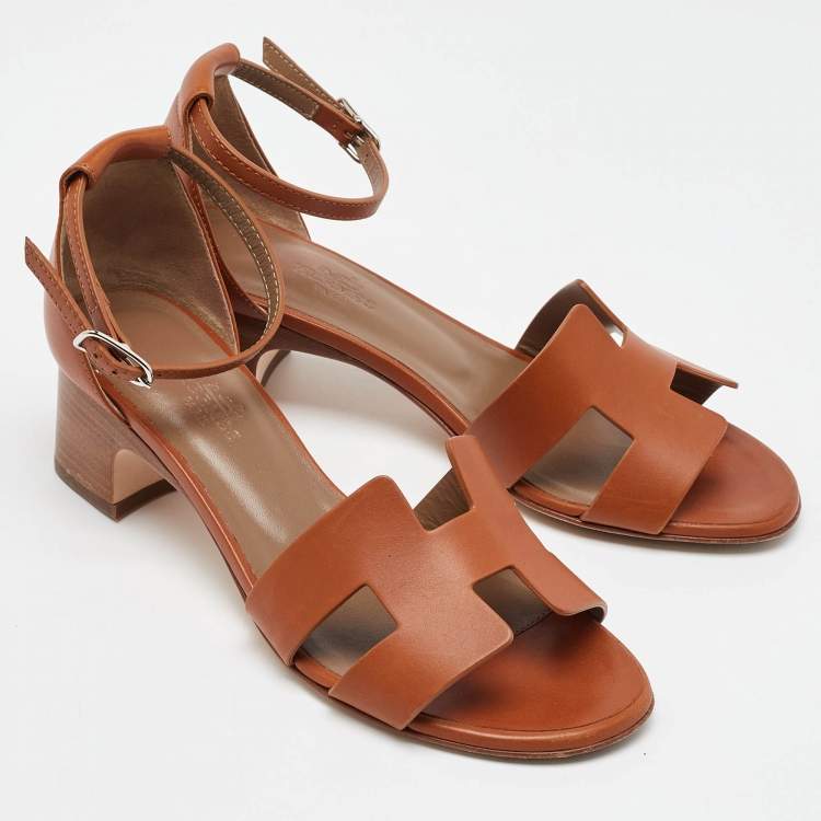Pre Owned Hermes Brown Leather Encens Ankle Strap Sandals Size 36