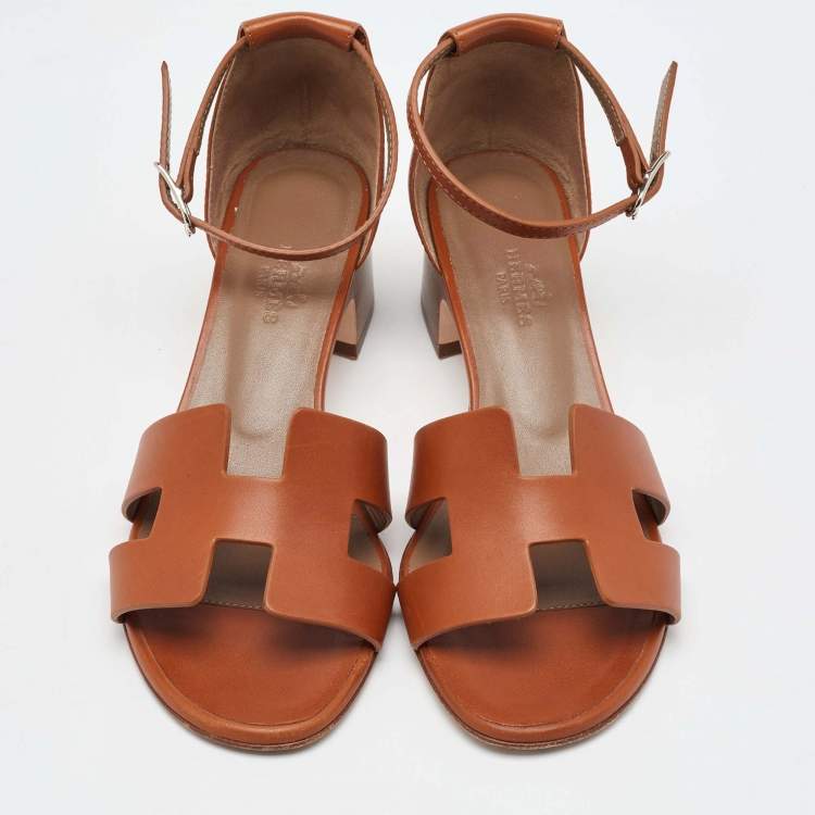 Pre Owned Hermes Brown Leather Encens Ankle Strap Sandals Size 36