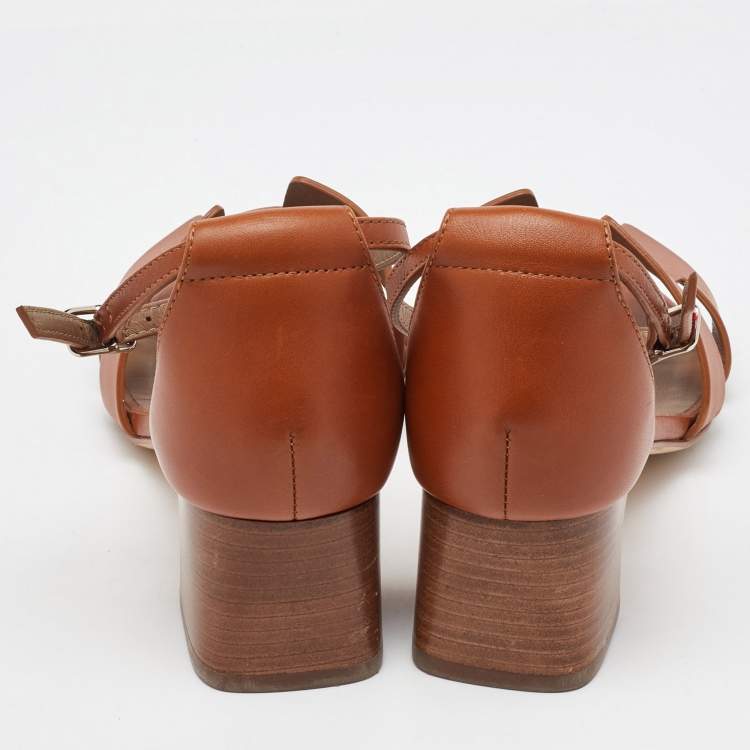 Pre Owned Hermes Brown Leather Encens Ankle Strap Sandals Size 36