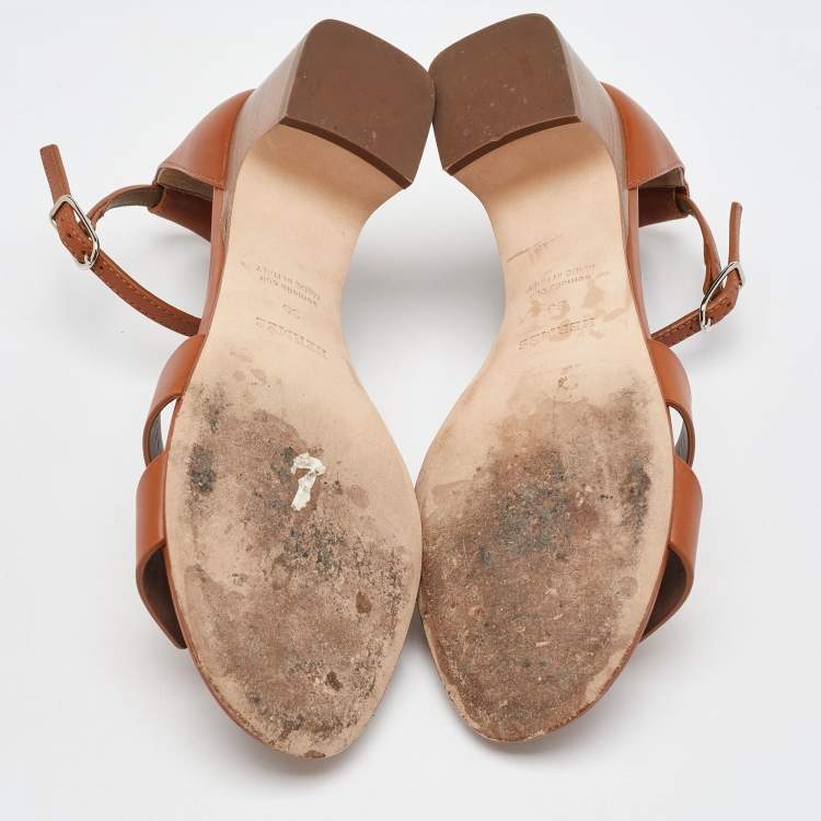 Pre Owned Hermes Brown Leather Encens Ankle Strap Sandals Size 36