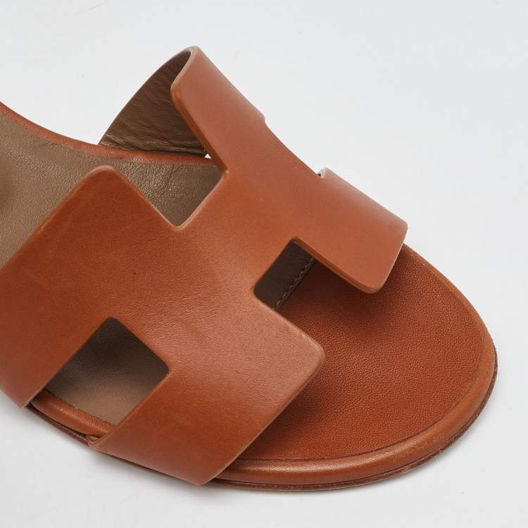 Pre Owned Hermes Brown Leather Encens Ankle Strap Sandals Size 36