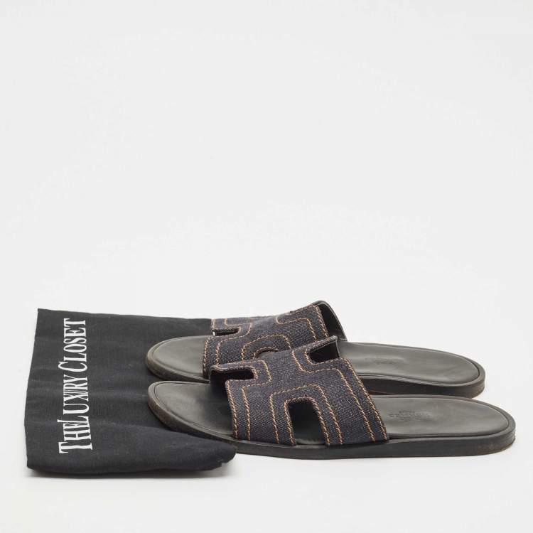 Pre Owned Hermes Black Denim Izmir Flat Sandals Size 40