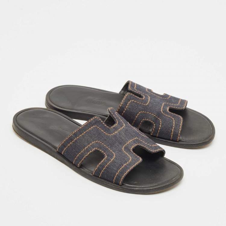 Pre Owned Hermes Black Denim Izmir Flat Sandals Size 40