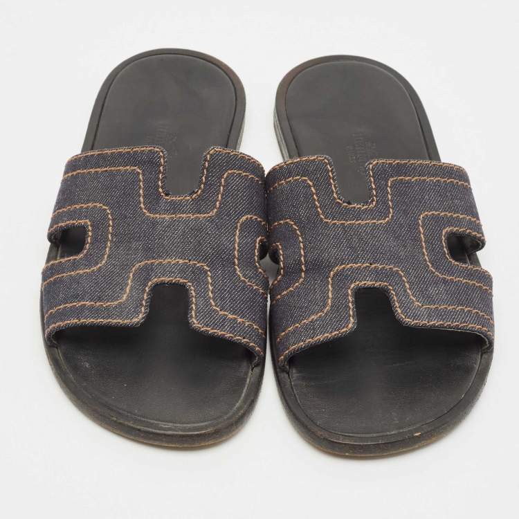 Pre Owned Hermes Black Denim Izmir Flat Sandals Size 40