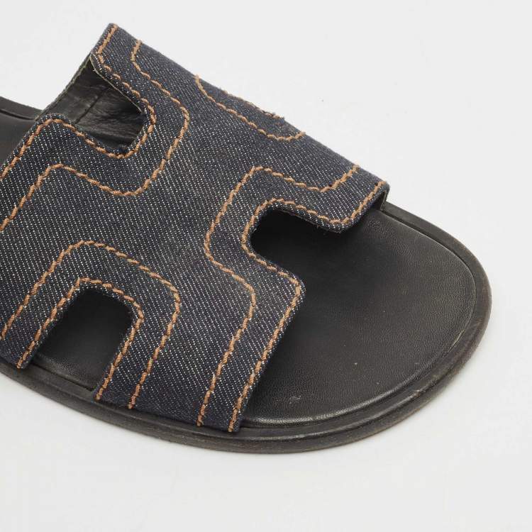 Pre Owned Hermes Black Denim Izmir Flat Sandals Size 40