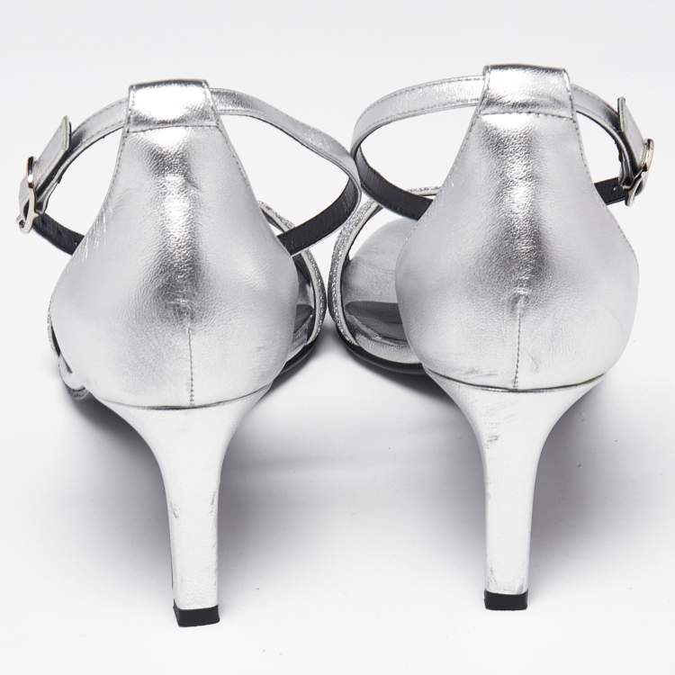 Pre Owned Hermès Silver Leather and Glitter Premiere Sandals Size 39