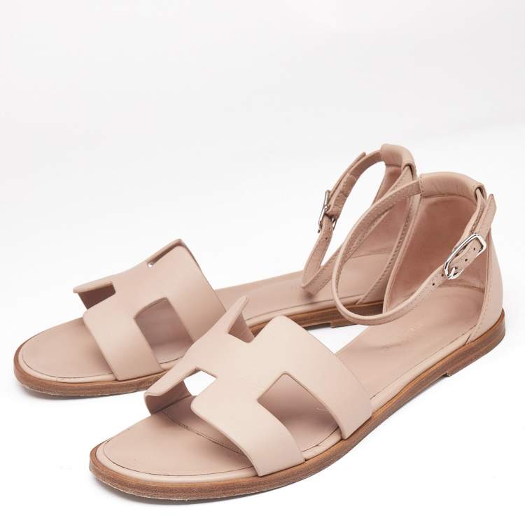 Pre Owned Hermes Pink Leather Santorini Flat Sandals Size 37