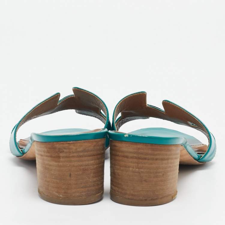 Pre Owned Hermes Green Patent Leather Oasis Slide Sandals Size 40