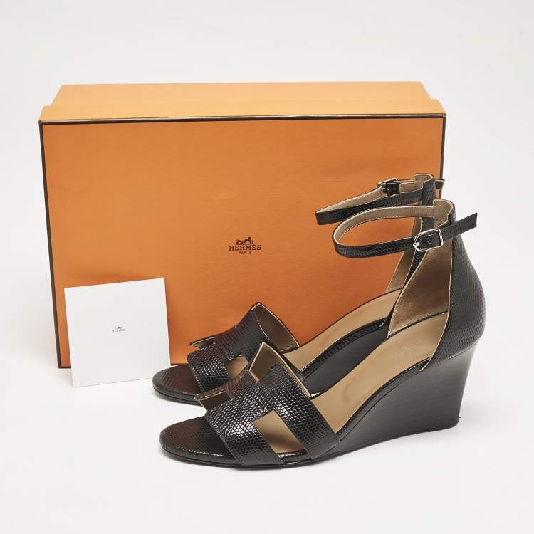 Pre Owned Hermes Black Lizard Legend Wedge Sandals Size 39