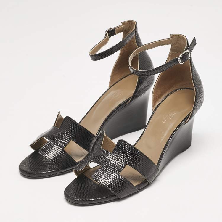 Pre Owned Hermes Black Lizard Legend Wedge Sandals Size 39