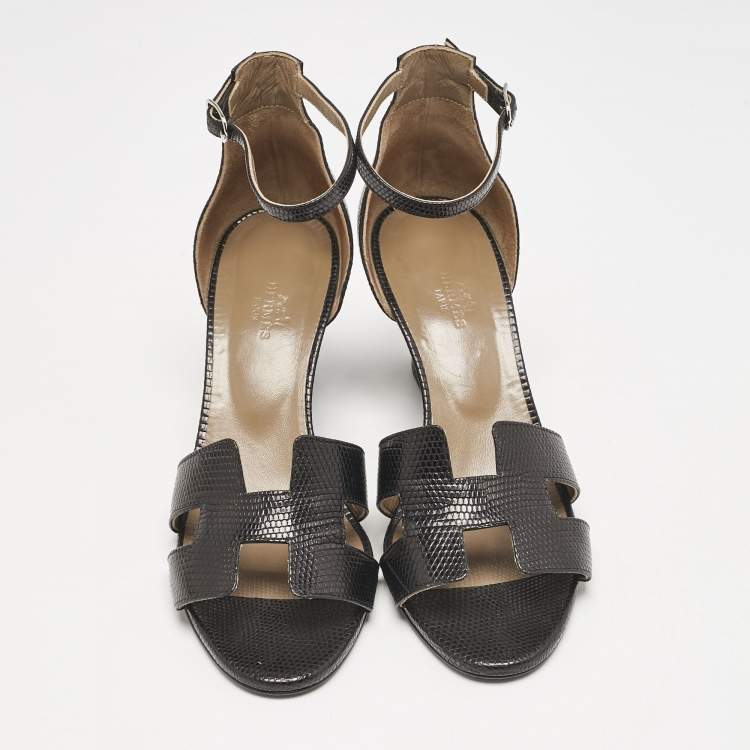 Pre Owned Hermes Black Lizard Legend Wedge Sandals Size 39