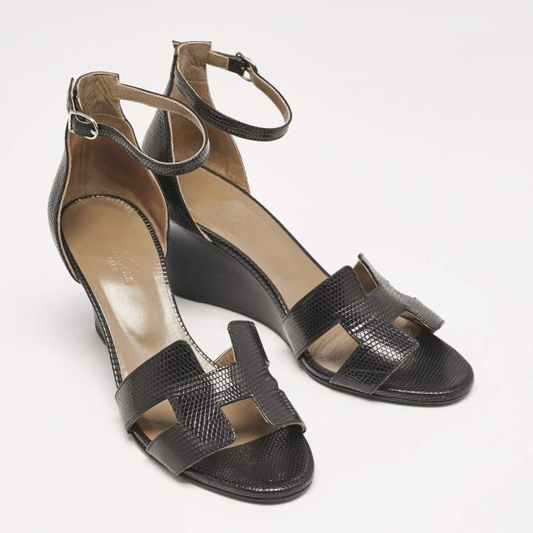 Pre Owned Hermes Black Lizard Legend Wedge Sandals Size 39