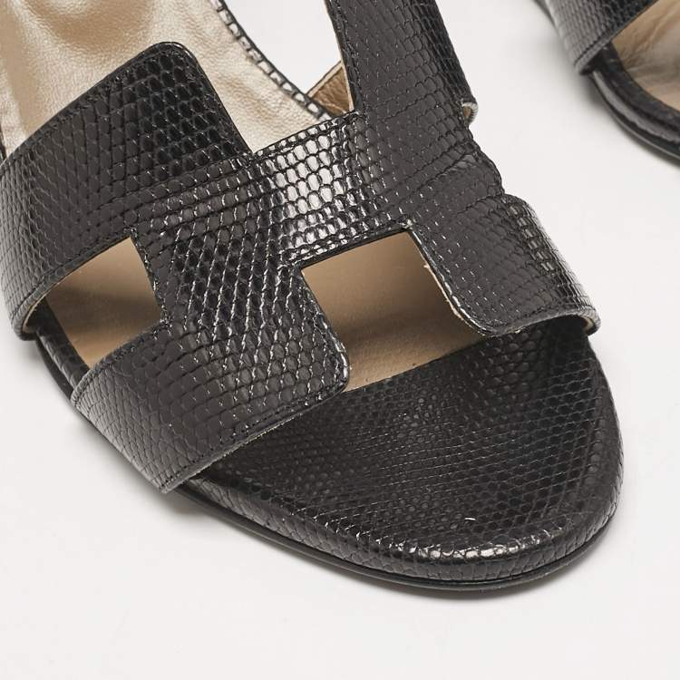 Pre Owned Hermes Black Lizard Legend Wedge Sandals Size 39