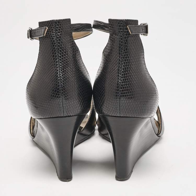 Pre Owned Hermes Black Lizard Legend Wedge Sandals Size 39