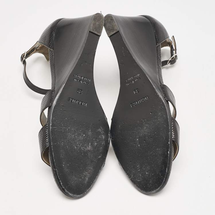 Pre Owned Hermes Black Lizard Legend Wedge Sandals Size 39