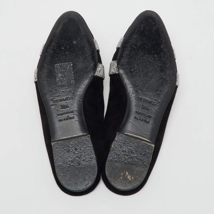 Pre Owned  Hermes Black/Silver Suede and Crystal Roxane Flat Mules Size 36.5