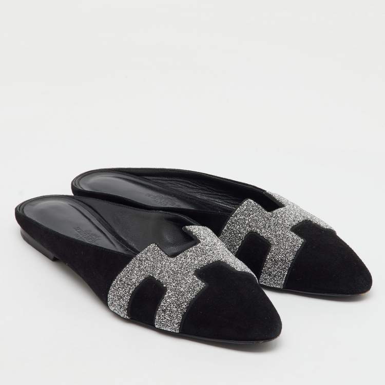 Pre Owned  Hermes Black/Silver Suede and Crystal Roxane Flat Mules Size 36.5