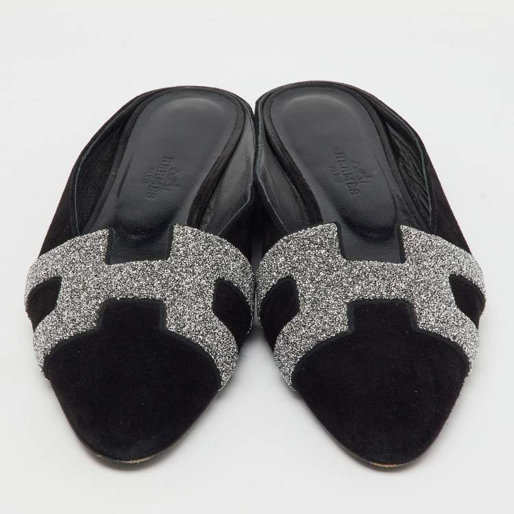 Pre Owned  Hermes Black/Silver Suede and Crystal Roxane Flat Mules Size 36.5