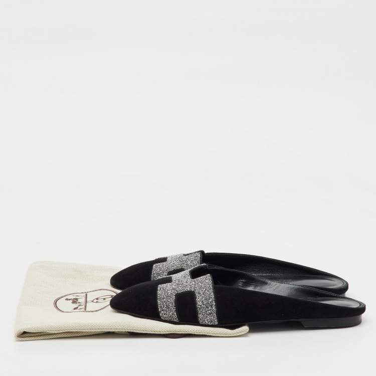 Pre Owned  Hermes Black/Silver Suede and Crystal Roxane Flat Mules Size 36.5