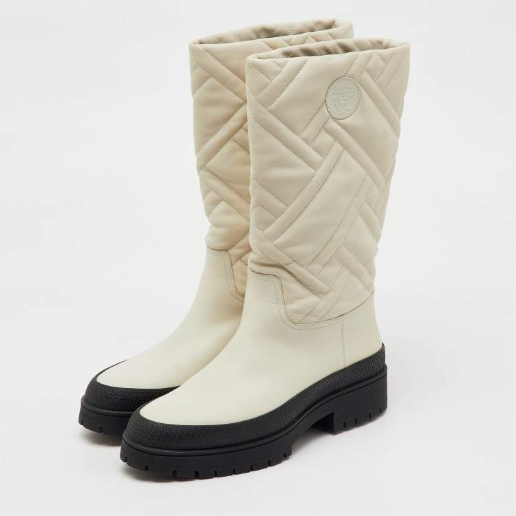 Pre Owned Hermes Off White Leather Fuji Calf Length Boots Size 39