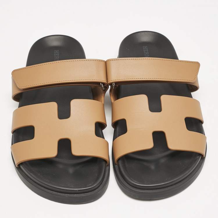 Pre Owned Hermes Brown Leather Chypre Flat Sandals Size 38.5