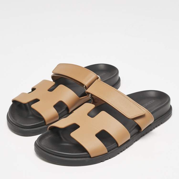 Pre Owned Hermes Brown Leather Chypre Flat Sandals Size 38.5
