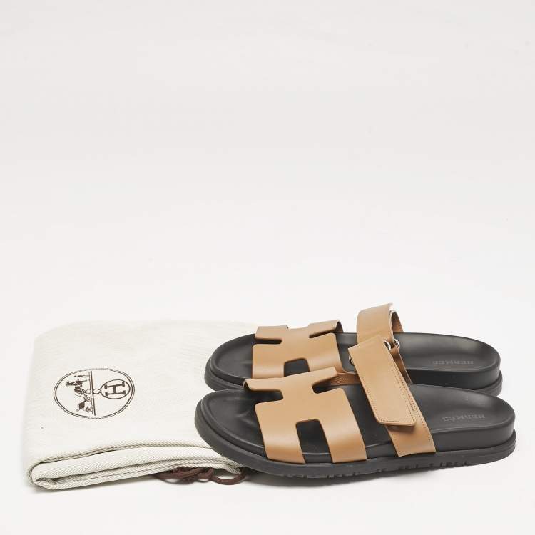 Pre Owned Hermes Brown Leather Chypre Flat Sandals Size 38.5