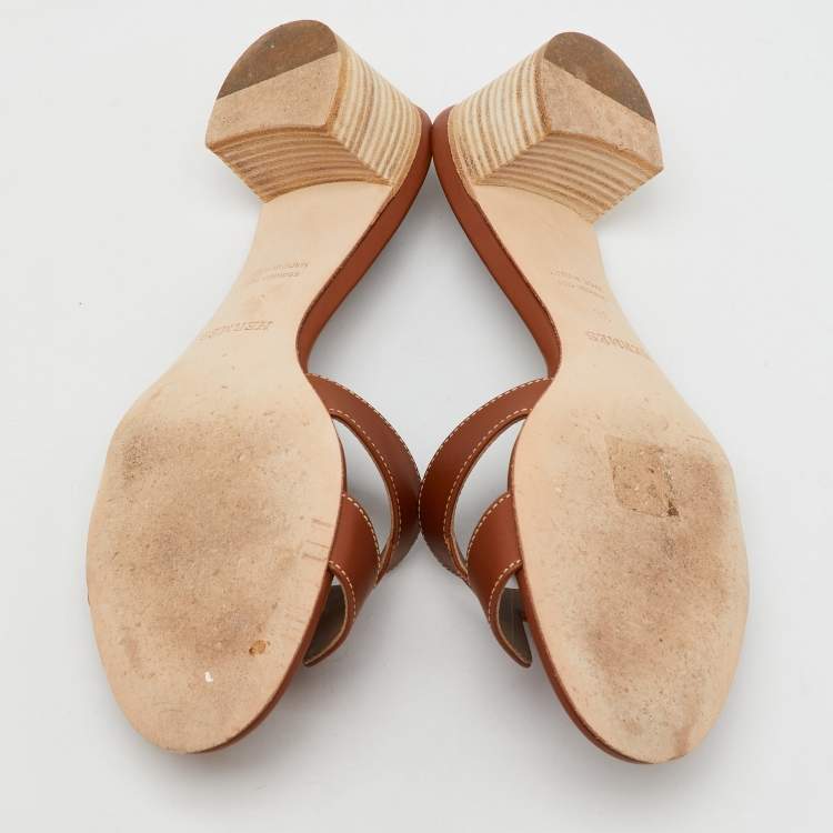 Pre Owned Hermes Brown Leather Oasis Block Heel Slide Sandals Size 38