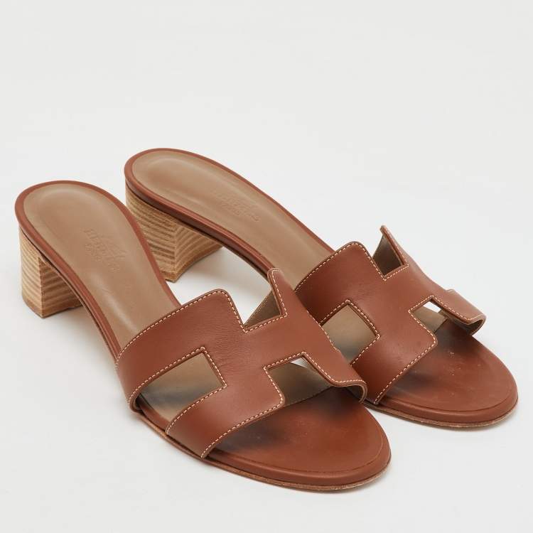 Pre Owned Hermes Brown Leather Oasis Block Heel Slide Sandals Size 38