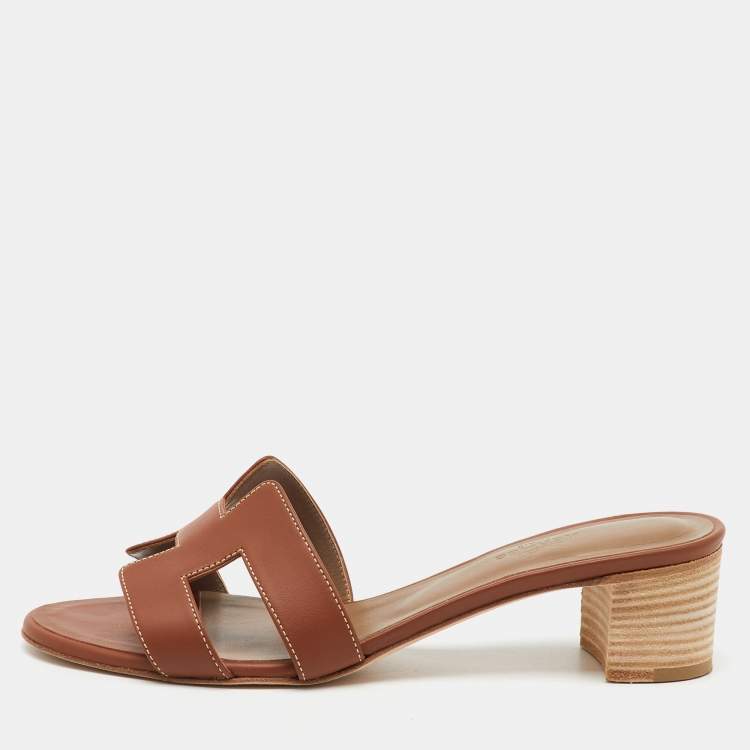 Pre Owned Hermes Brown Leather Oasis Block Heel Slide Sandals Size 38