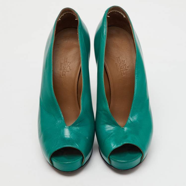 Pre Owned Hermes Green Leather Gloria Peep Toe Platform Pumps Size 37