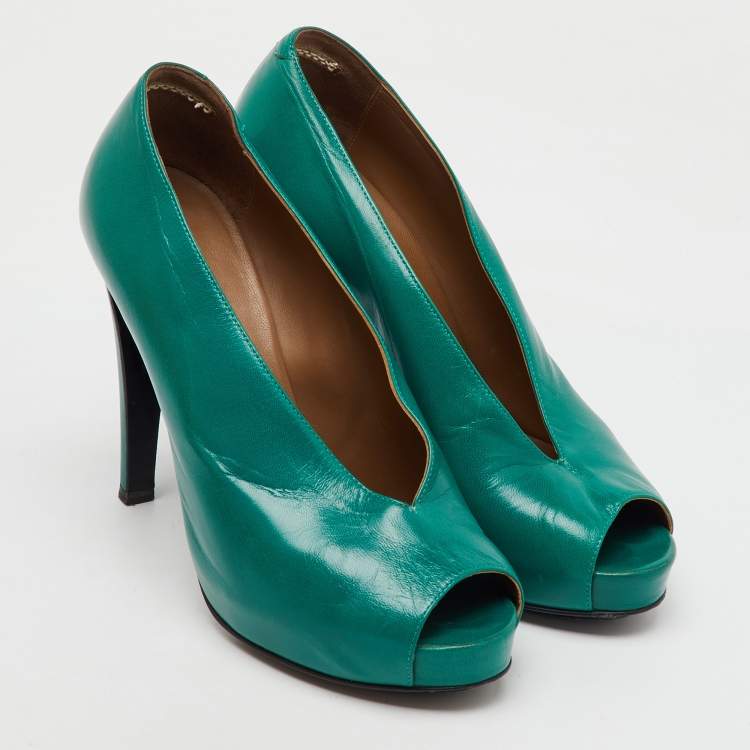 Pre Owned Hermes Green Leather Gloria Peep Toe Platform Pumps Size 37