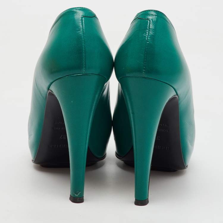 Pre Owned Hermes Green Leather Gloria Peep Toe Platform Pumps Size 37