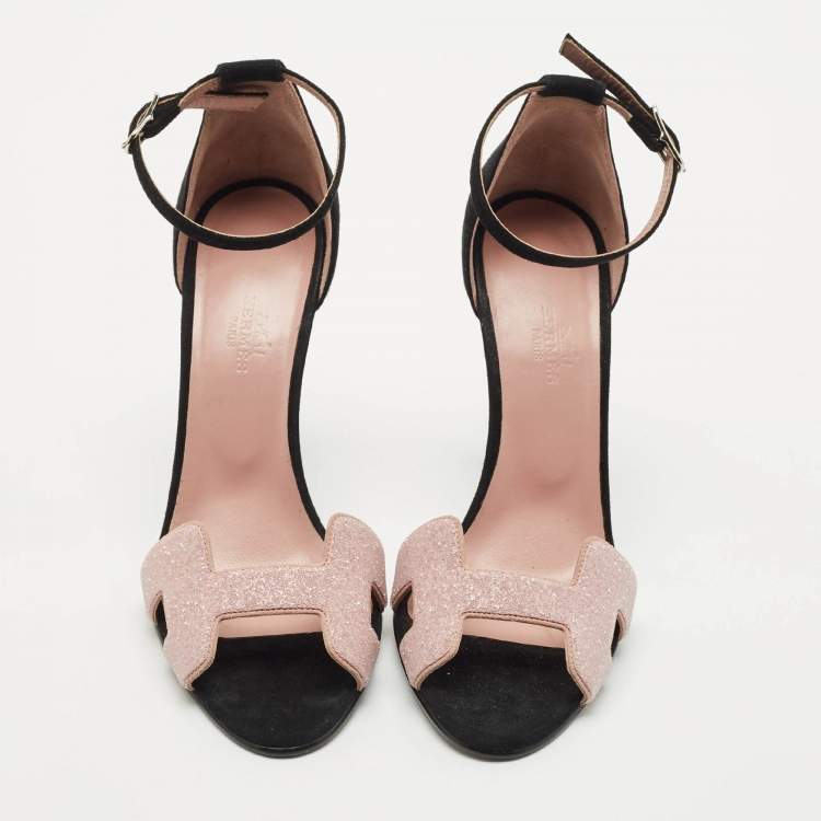 Pre Owned Hermes Pink/Black Suede and Crystal Premiere Sandals Size 37