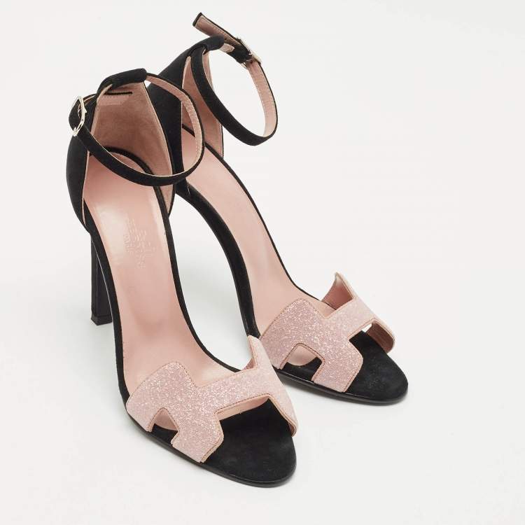 Pre Owned Hermes Pink/Black Suede and Crystal Premiere Sandals Size 37