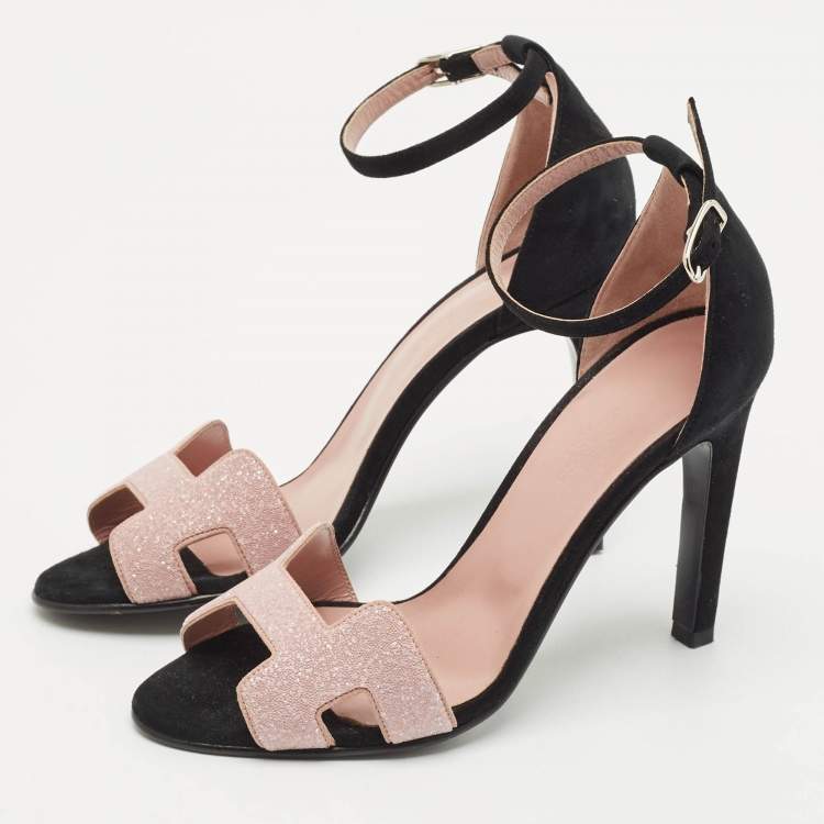 Pre Owned Hermes Pink/Black Suede and Crystal Premiere Sandals Size 37