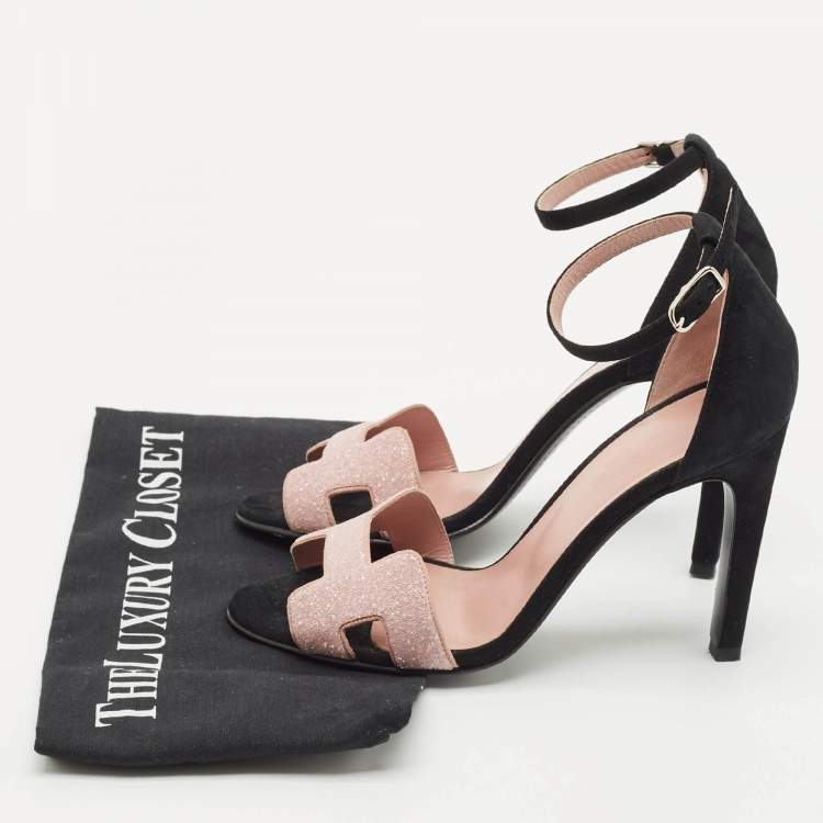 Pre Owned Hermes Pink/Black Suede and Crystal Premiere Sandals Size 37
