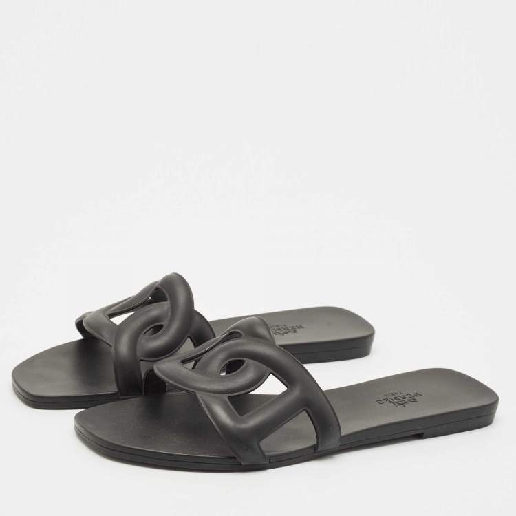 Pre Owned Hermes Black Rubber Aloha Flat Slide Sandals Size 37