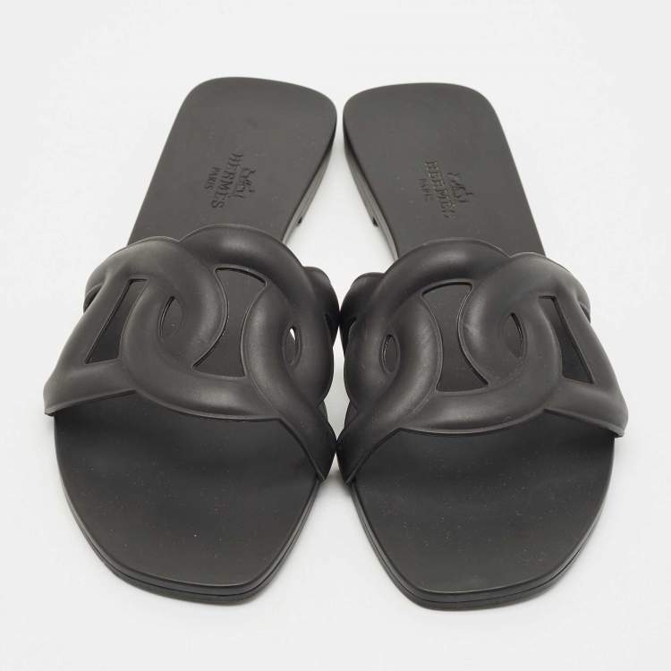 Pre Owned Hermes Black Rubber Aloha Flat Slide Sandals Size 37