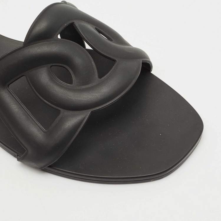 Pre Owned Hermes Black Rubber Aloha Flat Slide Sandals Size 37