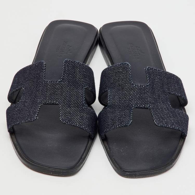 Pre Owned Hermes Blue Denim Oran Flat Slides Size 37.5