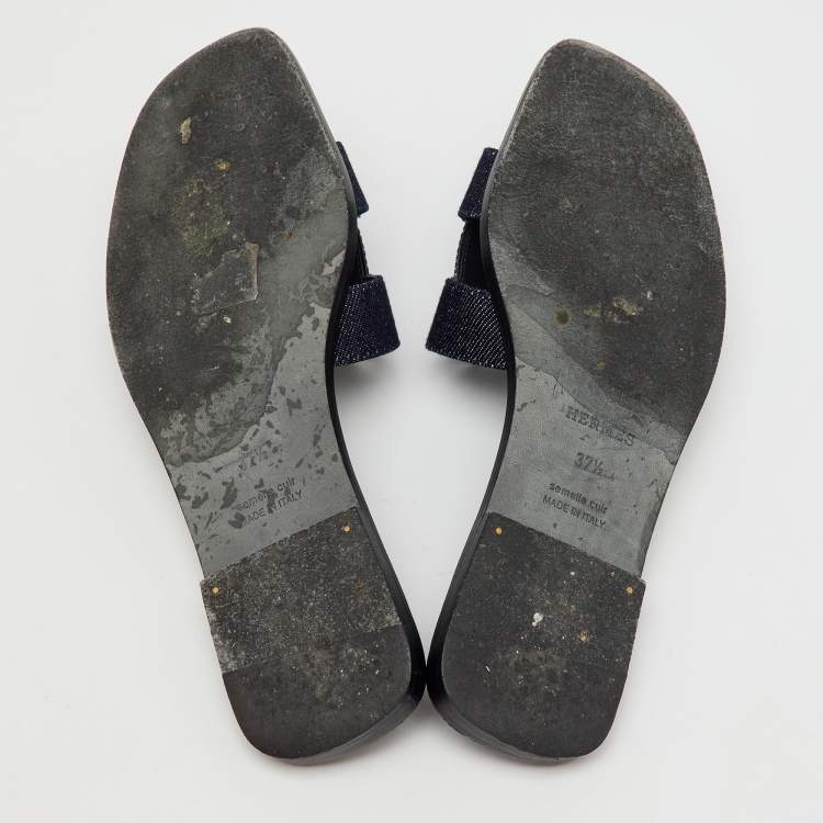 Pre Owned Hermes Blue Denim Oran Flat Slides Size 37.5
