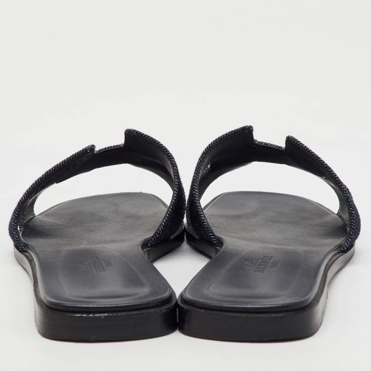 Pre Owned Hermes Blue Denim Oran Flat Slides Size 37.5