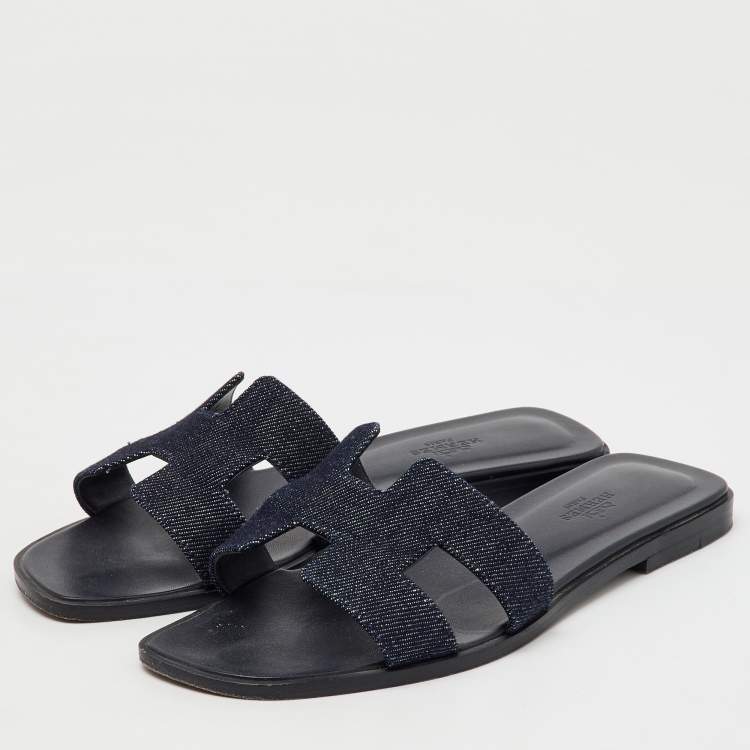 Pre Owned Hermes Blue Denim Oran Flat Slides Size 37.5