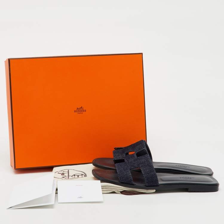 Pre Owned Hermes Blue Denim Oran Flat Slides Size 37.5