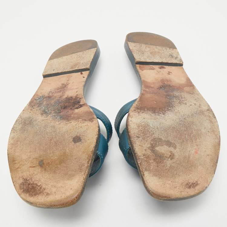 Pre Owned Hermes Teal Leather Oran Flat Slides Size 39.5