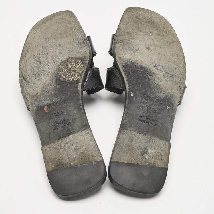 Pre Owned Hermes Black Patent Leather Oran Flat Slides Size 39.5