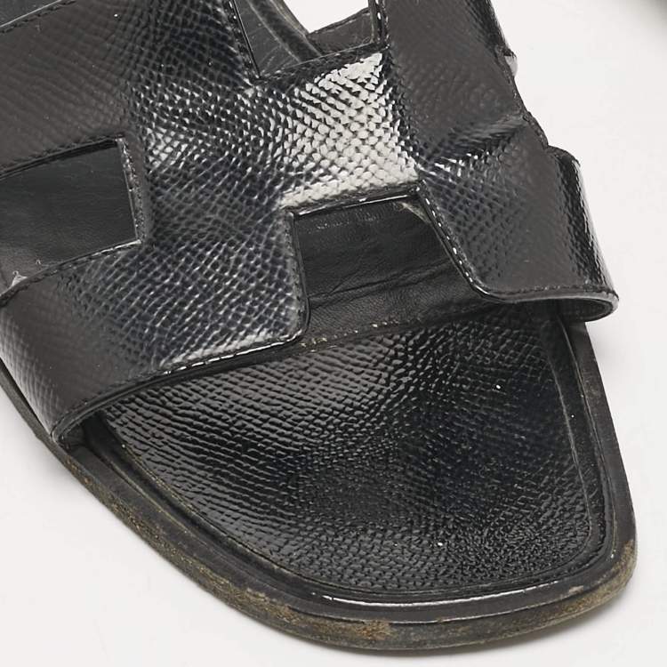 Pre Owned Hermes Black Patent Leather Oran Flat Slides Size 39.5