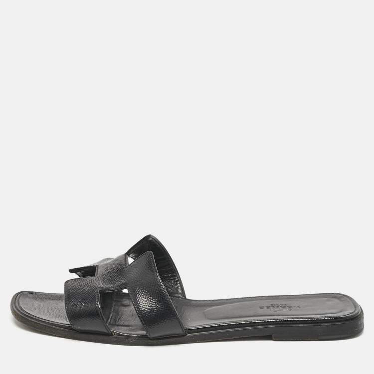 Pre Owned Hermes Black Patent Leather Oran Flat Slides Size 39.5