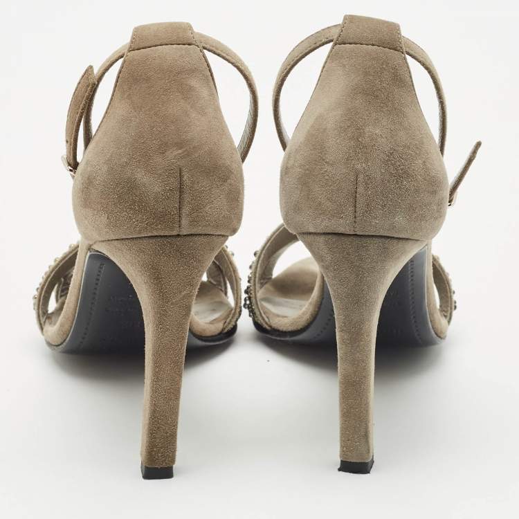 Pre Owned Hermes Grey Suede Crystal Premiere Ankle Strap Sandals Size 36.5